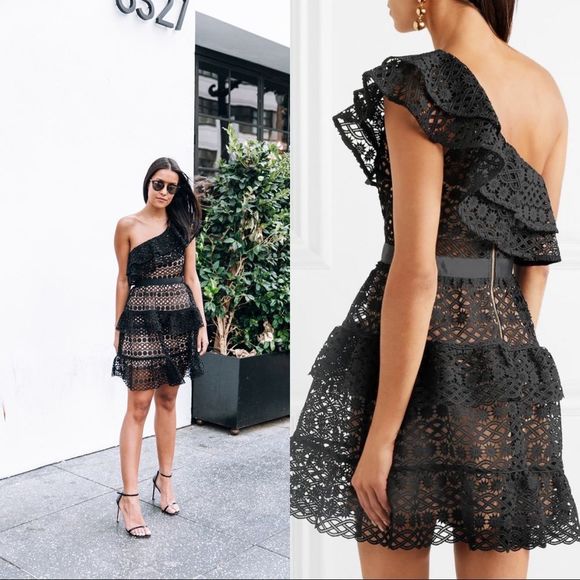 Self-Portrait Black and Tan Asymmetrical Ruffled Mini Dress - Picture 2 of 8